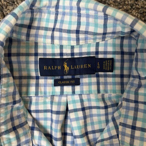 Ralph Lauren Men's Classic Fit Blue Plaid Button Down.  100% cotton SIze Large - Picture 4 of 6
